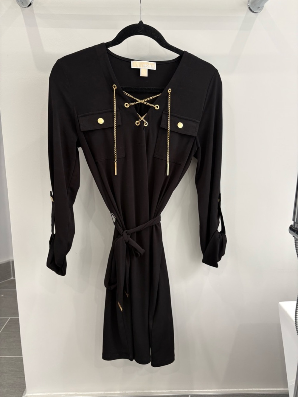 Michael Kors Black Lace-Up Belted Long Sleeve Dress with Gold Hardware